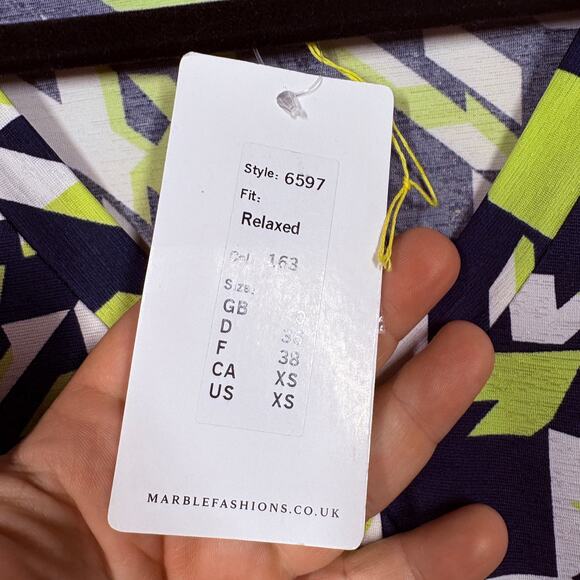 Marble Size XS Relaxed Fit Shirt Blouse Green Nacy Abstract Print Puff Sleeves - Picture 6 of 7